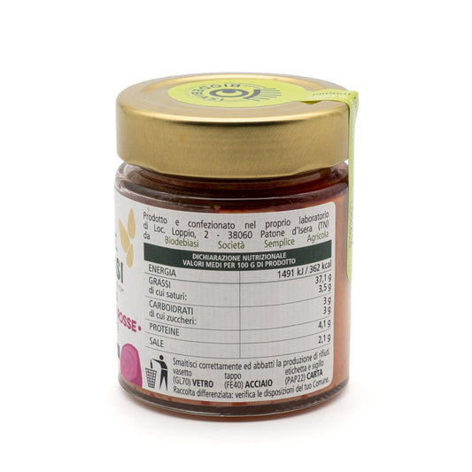 vasetto di pesto di barbabietole rosse con mandorle biologico biodebiasi in vetro valori nutrizionali