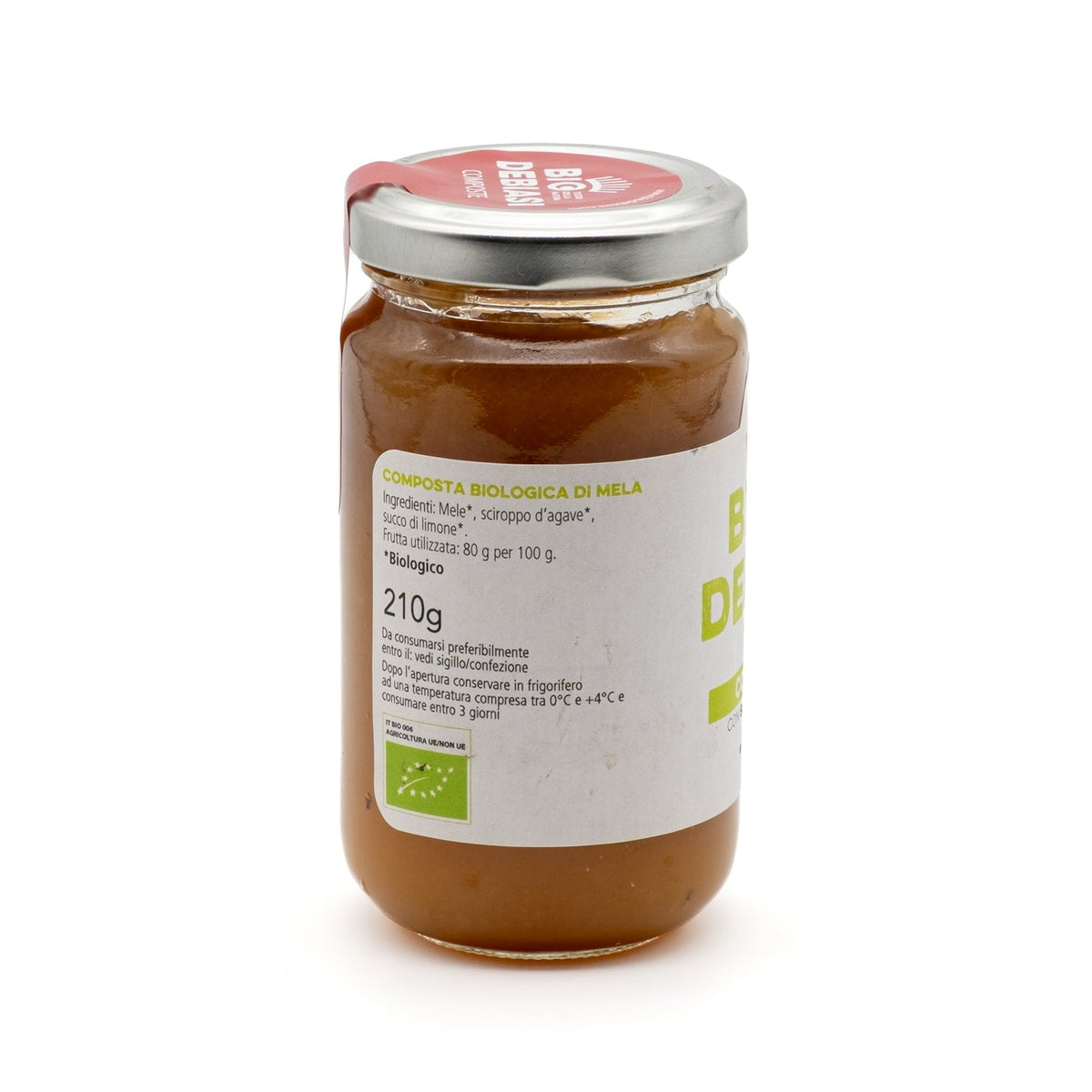vasetto di composta con sciroppo d'agave di mela biologico biodebiasi in vetro ingredienti