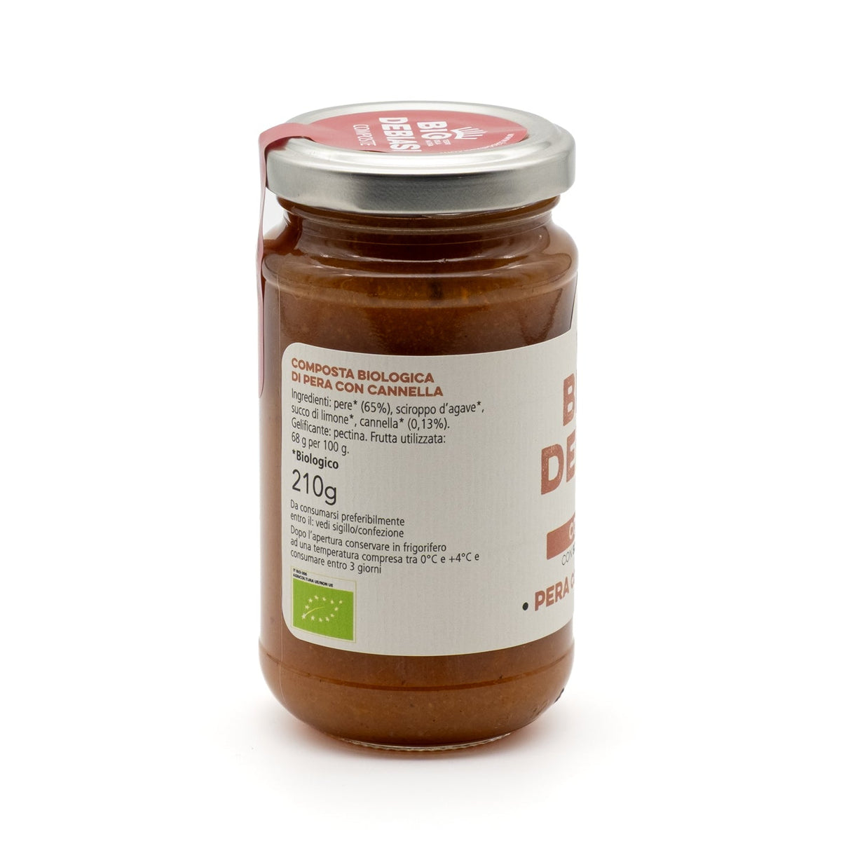 vasetto di composta con sciroppo d'agave di pera con cannella biologico biodebiasi in vetro ingredienti