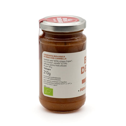 vasetto di composta con sciroppo d'agave di pera con cannella biologico biodebiasi in vetro ingredienti