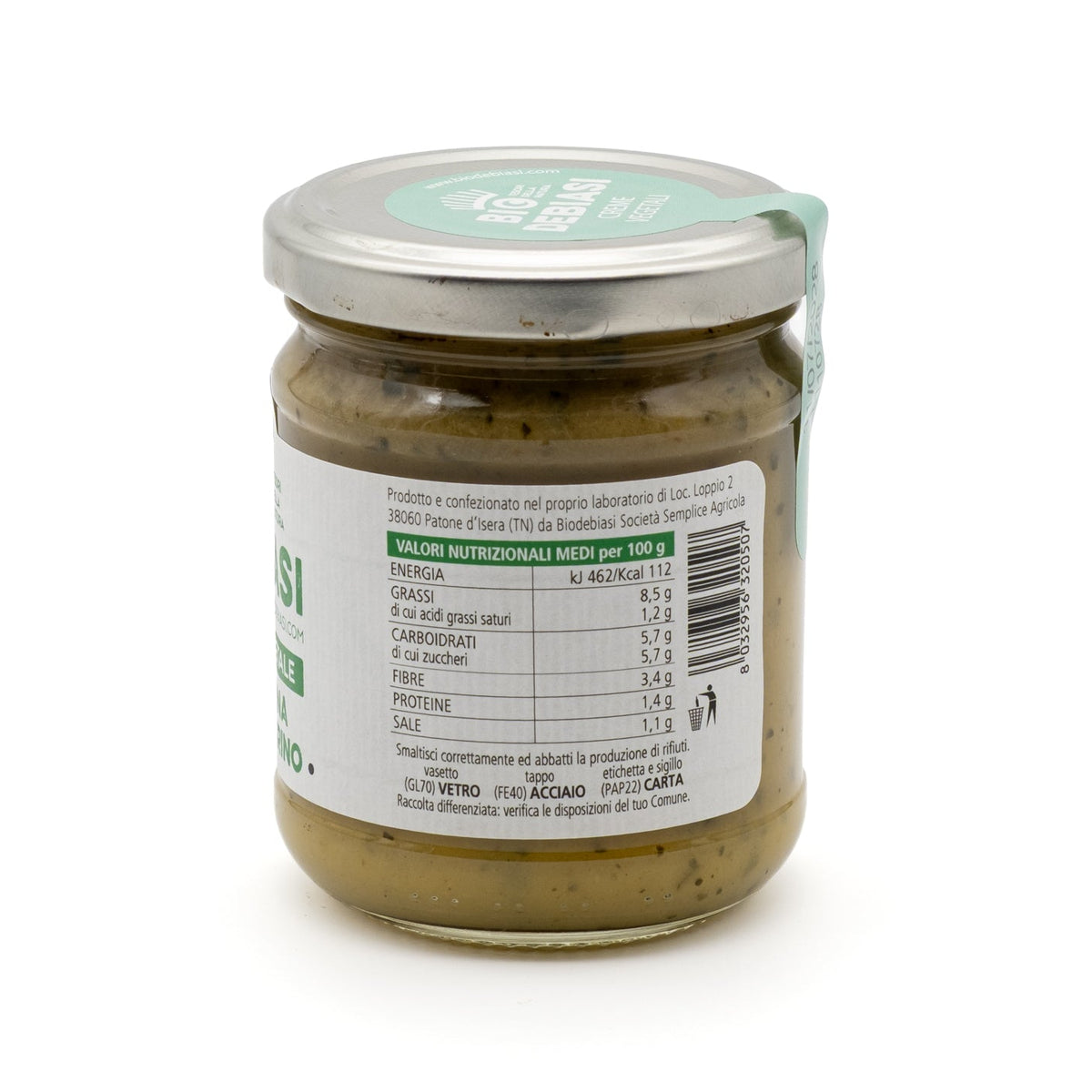 vasetto di crema vegetale di zucchina con rosmarino biologico biodebiasi in vetro valori nutrizionali