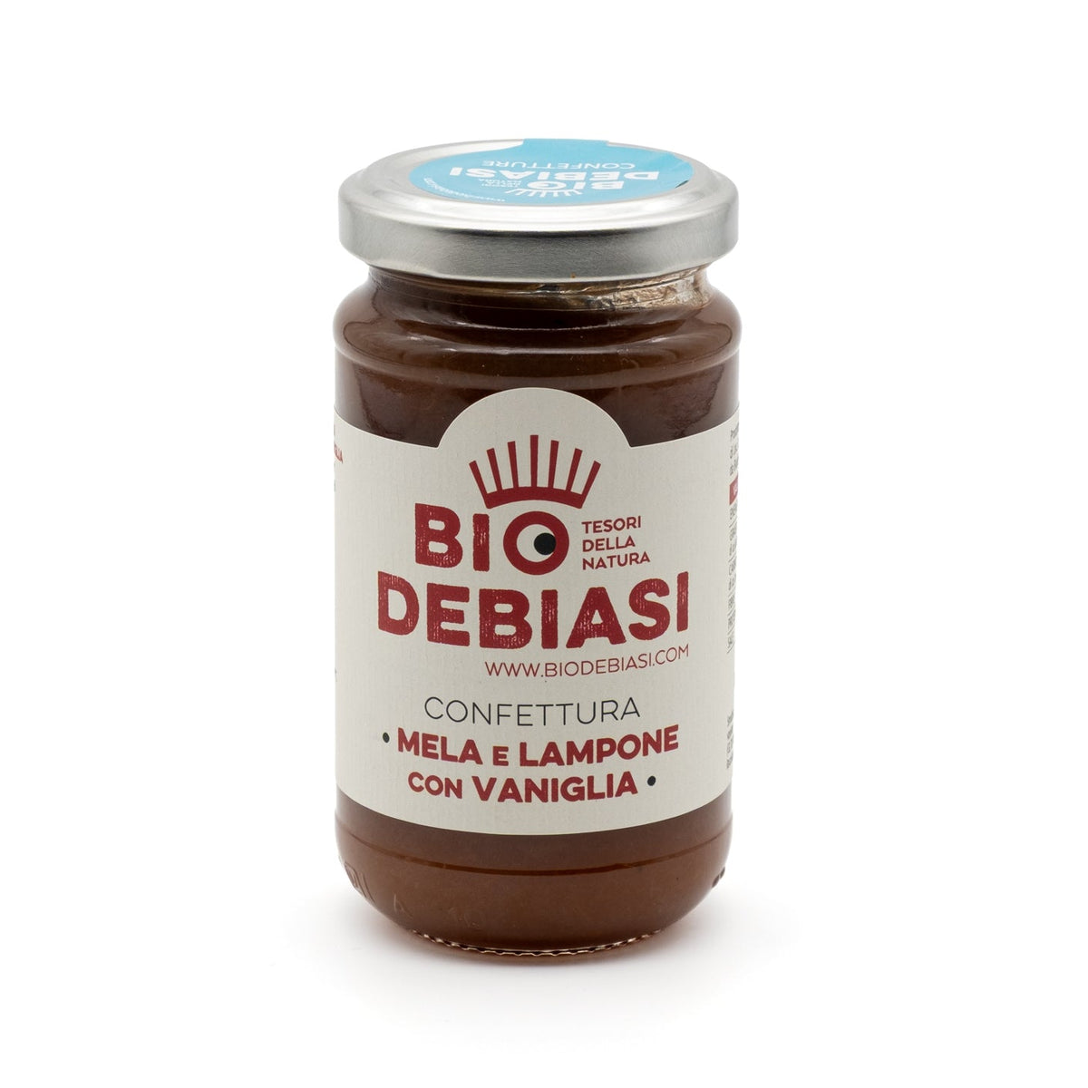 vasetto di confettura di mela e lampone con vaniglia biologico biodebiasi in vetro da 220g