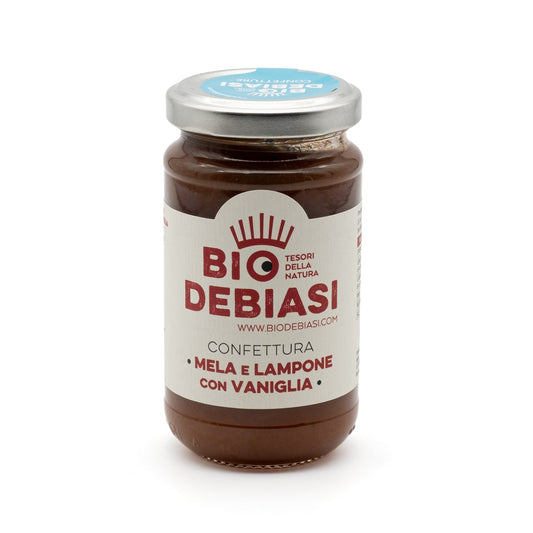vasetto di confettura di mela e lampone con vaniglia biologico biodebiasi in vetro da 220g