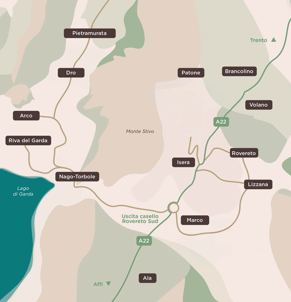 Illustrierte Karte der Biodebiasi-Standorte in Vallagarina