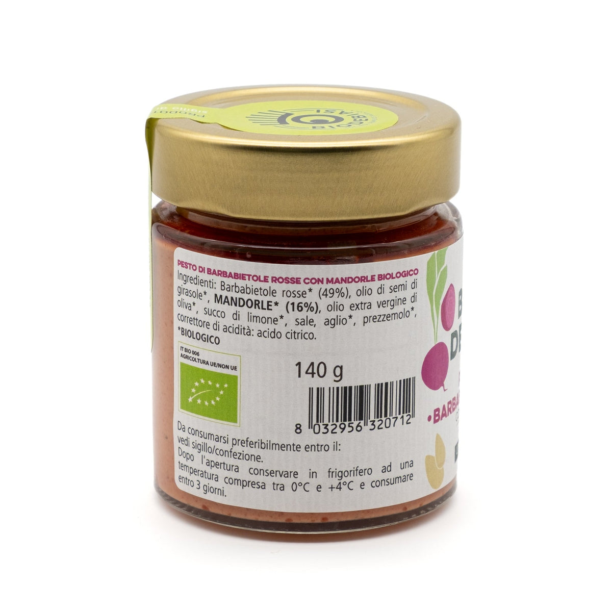 vasetto di pesto di barbabietole rosse con mandorle biologico biodebiasi in vetro ingredienti