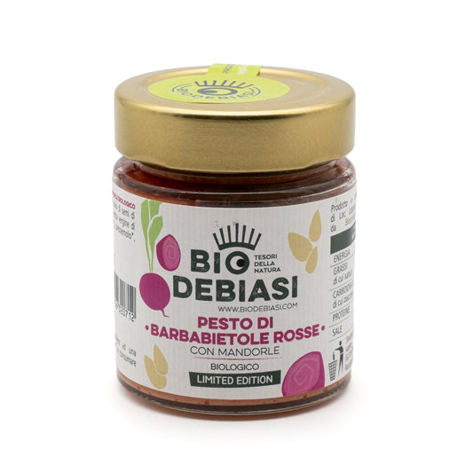 vasetto di pesto di barbabietole rosse con mandorle biologico biodebiasi in vetro da 140g