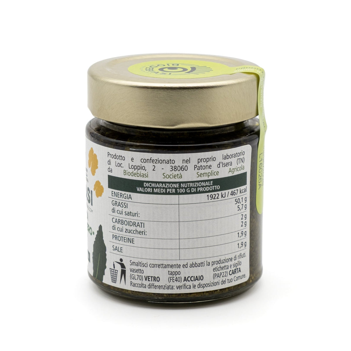 vasetto di pesto di cavolo nero con noci biologico biodebiasi in vetro valori nutrizionali