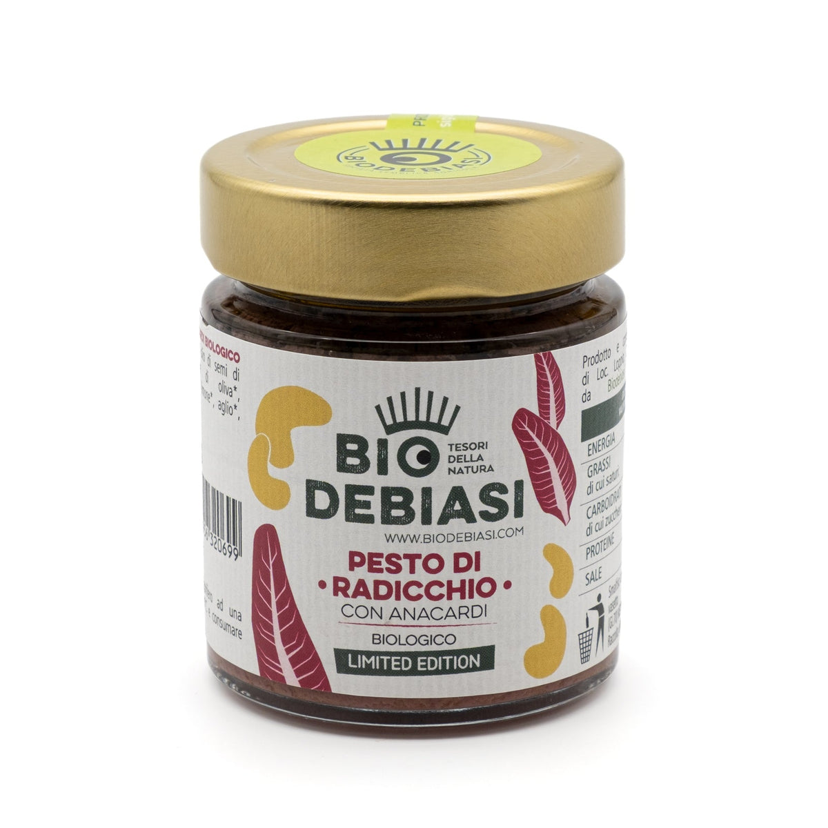 vasetto di pesto di radicchio con anacardi biologico biodebiasi in vetro da 140g
